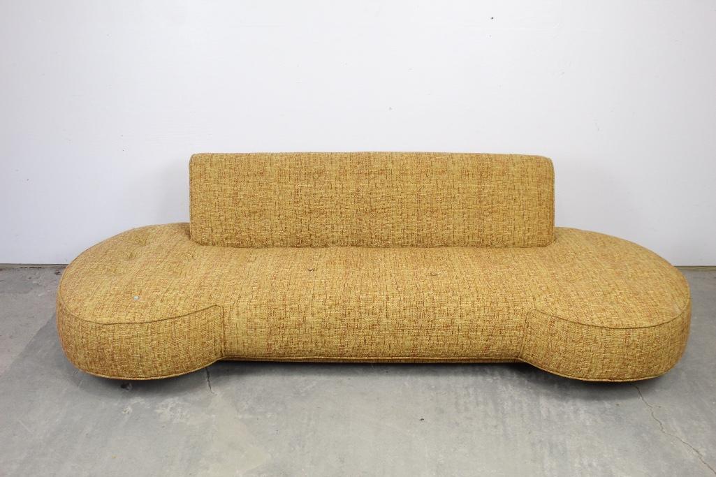 Amoeba Shaped Dog Bone Tufted Sofa,Mid-century Modern: 50's Amoeba Shaped Dog Bone Tufted Sofa. This couch from the 50's or 60's. The measurements are 27in x 100in x 40in. Condition: The couch is covered in a tan fabric that looks like straw and there are