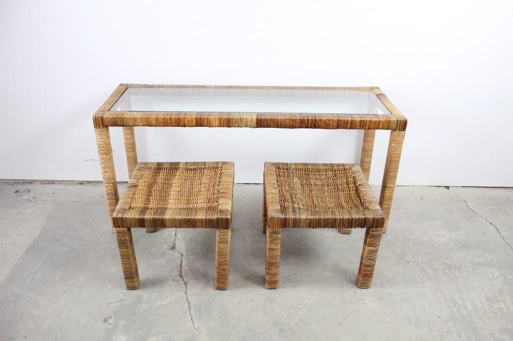 Mid-century Modern Wicker Rattan Glass Top & Stools (1 of 8)