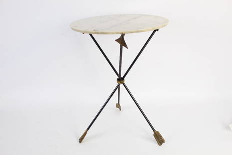 Marble Top Arrow Base Side Table,attributed Arturo Pani: Marble Top Arrow Base Side Table,attributed Arturo Pani. This Table with a round white marble top that is removable and the base is formed from 3 brass arrows joined together. Normally these are joint