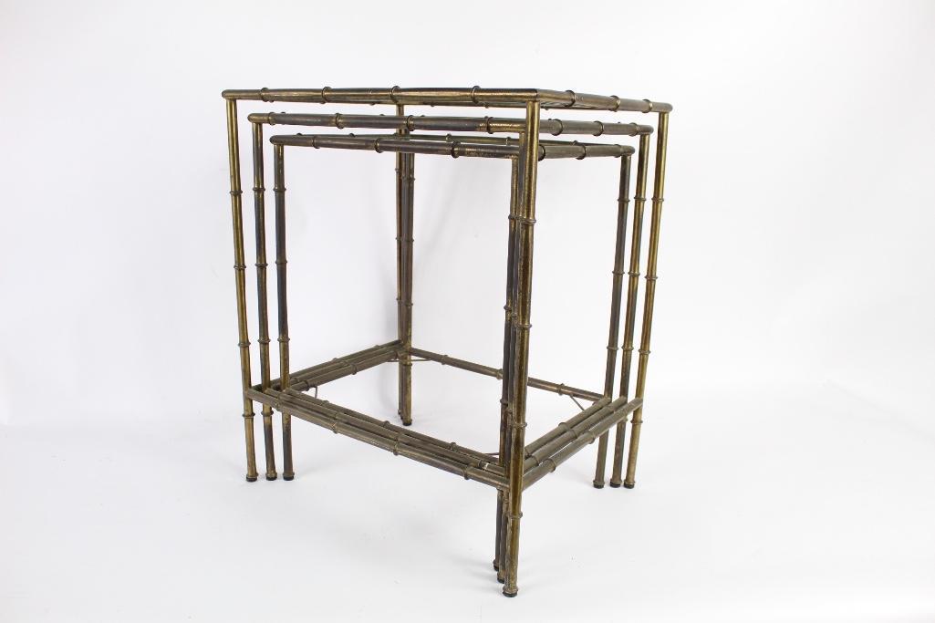 Nesting Set of 3 Glass Top Metal Bamboo Side Tables (1 of 7)
