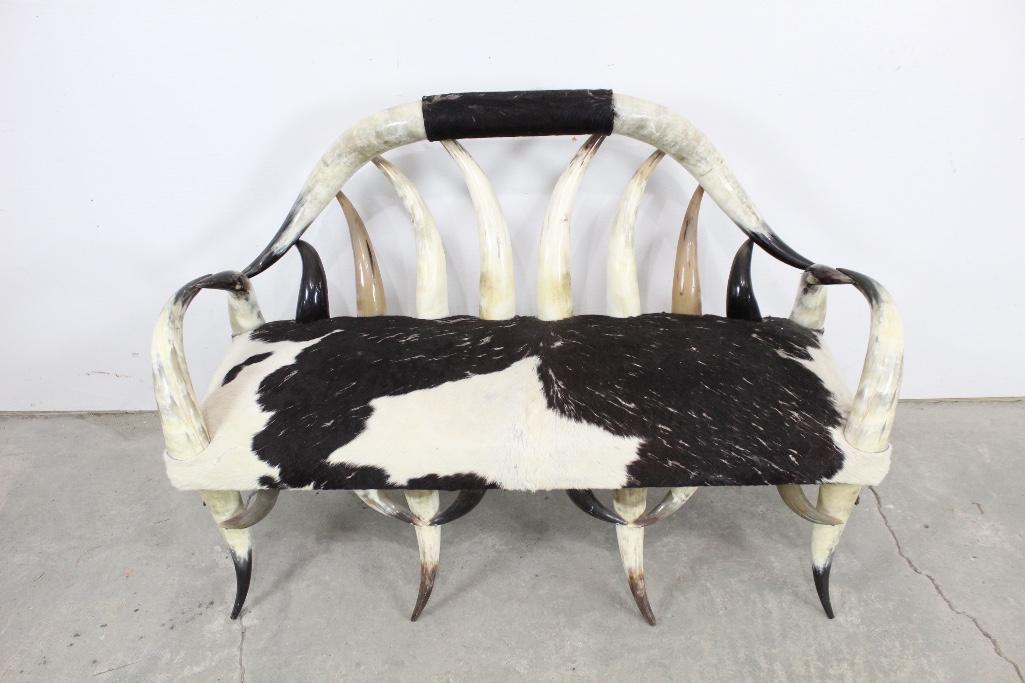 Cow Hide Upholstered Steer Horn Settee Bench,Folk Art (1 of 6)