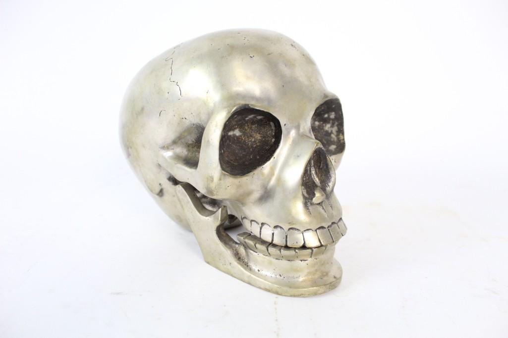 Lifesize Nickel Plated Skull Sculpture,Signed Illegibly (1 of 7)