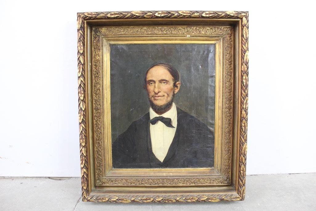 Painting of Man in Gold Gilt Frame,Puerto Rican Family: Painting of a Puerto Rican man smiling in a thick gold gilt frame. This painting was from a Puerto Rican Family estate where this man was a relative. The frame is very impressive. The dimensions are 3