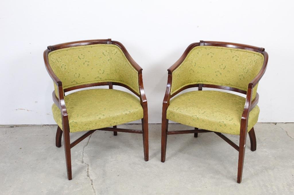 Pair of Green Upholstered Barrel Back Chairs (1 of 7)