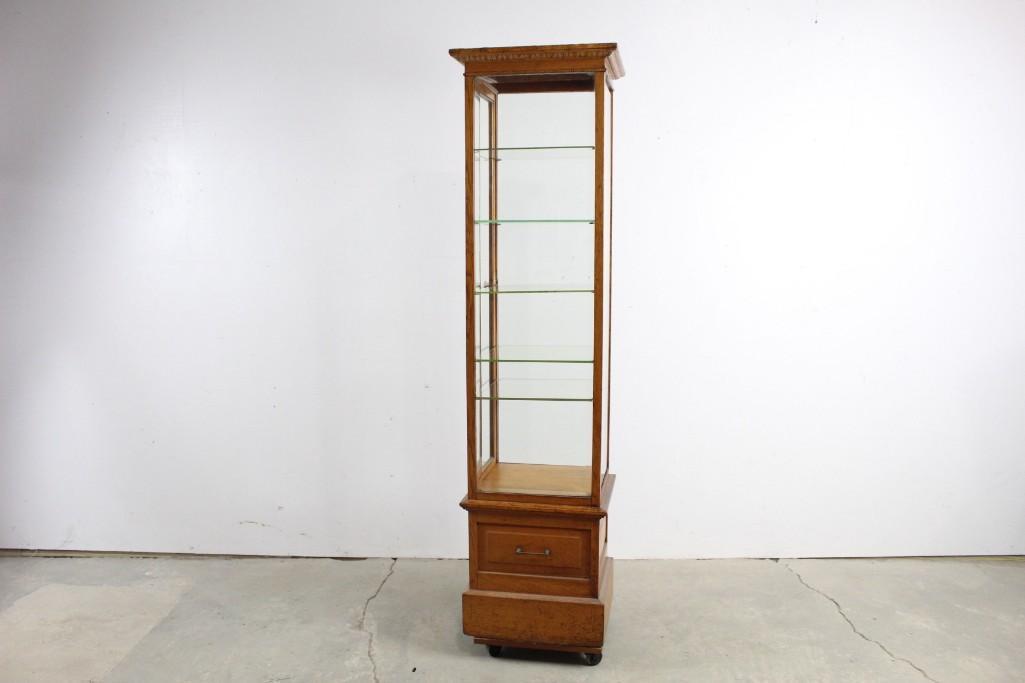 Oak Tall Thin Floor Standing Store Display Showcase