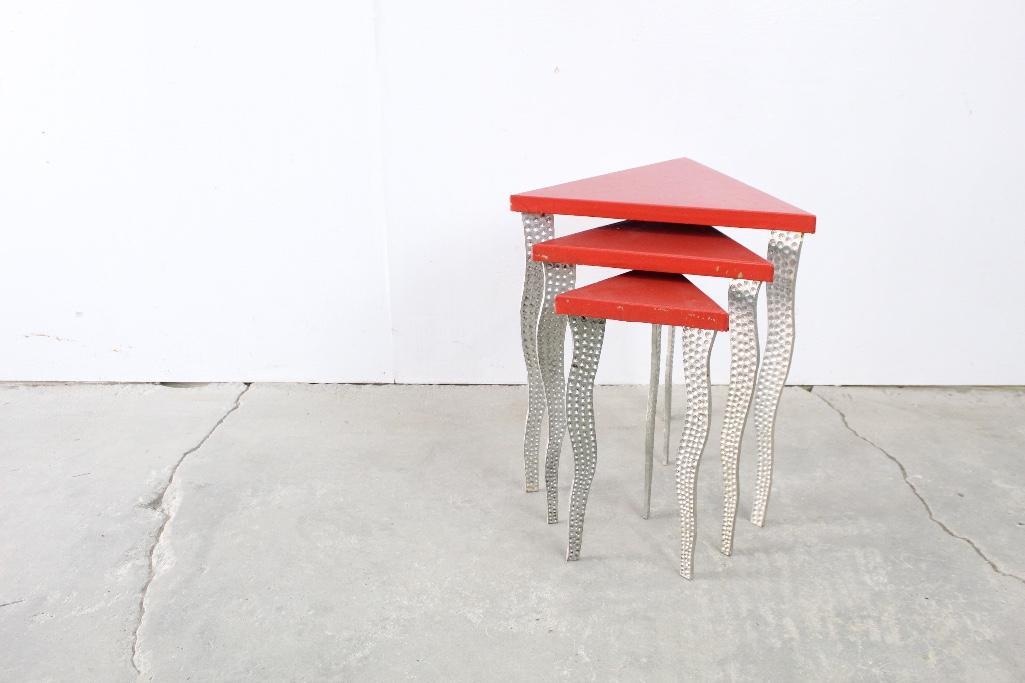 Set of 3 Triangle Nesting Tables Cast Metal Leg,Pop Art (1 of 8)