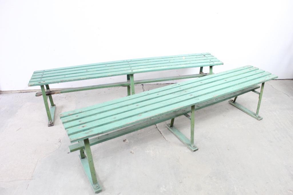 Set of 2 Green Wood Benches with Metal Base,Industrial (1 of 7)