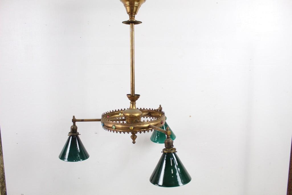Victorian Brass 3-Arm Jeweled Chandelier & Cased Glass (1 of 5)