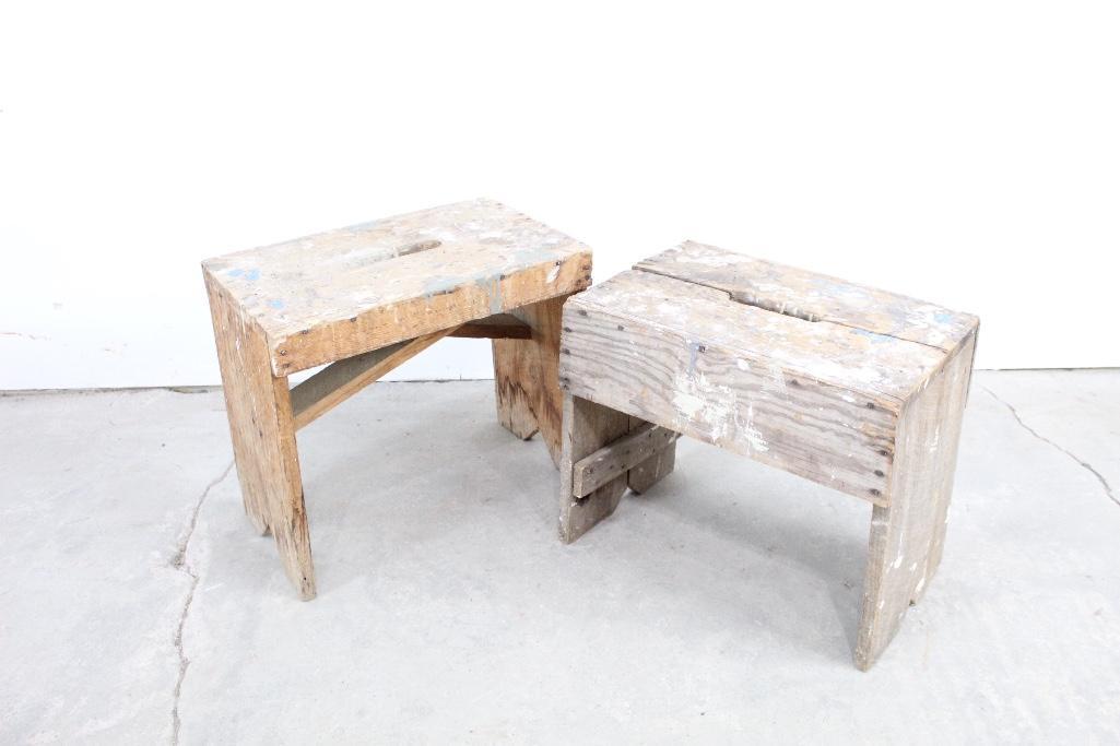 Lot of 2 Paint Splattered of Wood Factory Stools (1 of 4)