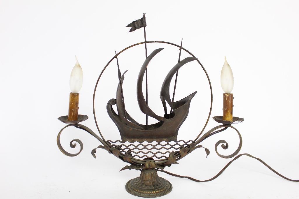 Art Nouveau Table Lamp with Figural Ship,Candelabra (1 of 6)