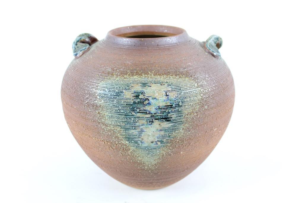 Pottery Vase Vessel Glazed Blue Handles, Chinese?: Pottery Vase Vessel Glazed Blue Handles, Chinese?. Just like the handles, the same blueish green abstract markings are shown on the pot itself and there is also a marking on the bottom. The outside is