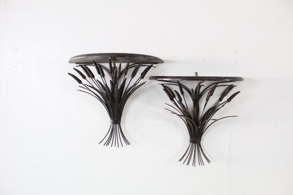Pair of Wheat-Bunch Shelves, Mid-century Modern: Pair of Wheat-Bunch Shelves, Mid-century Modern. These would match the classic tables that are made like it. Wheat bunch shelves that are made from metal with wood surfaces attached on top. These shel