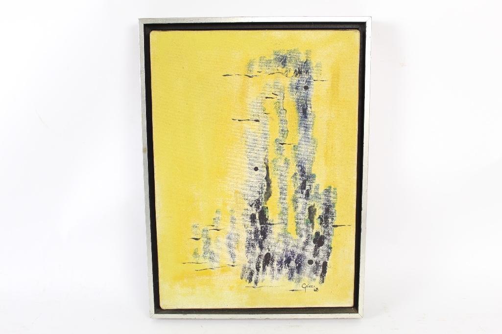 Signed & Dated 1968 Yellow & Blue Abstract Painting (1 of 5)