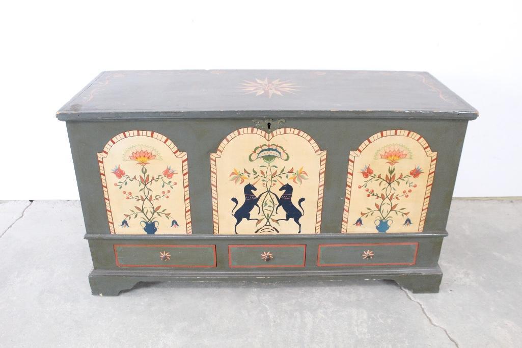 Painted Blanket Chest with Unicorns,Pennsylvania Dutch: Painted Blanket Chest with Unicorns,Pennsylvania Dutch. This Hand-paint decorated blanket chest with unicorn decorations. This sweet blanket chest with intricate unicorn and floral decorations would l