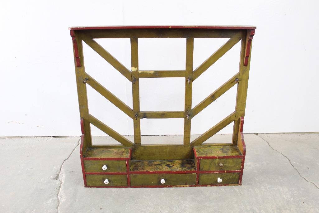 Painted Green Wall Rack with Drawers & Hooks,Primitive (1 of 9)
