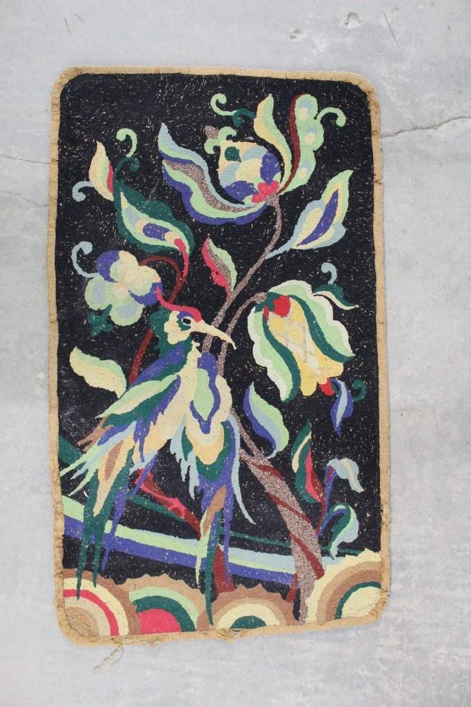Art Deco Hooked Rug with Foliage and Bird (1 of 6)