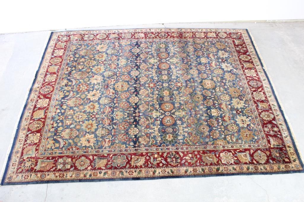 Huge Antique Oriental Rug,Blue & Red,97in x 124in: Large scale Persian style rug featuring a blue center and red border. The center shows orange, tan and green flowers all throughout and the red border features the same kinds of flowers. The dimension