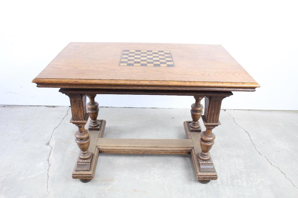 Oak Library Table Inlaid Checkerboard Game Table (1 of 5)