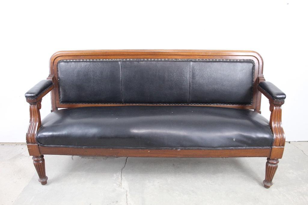 Arts & Crafts Black Leather Studded Sofa Settee (1 of 7)
