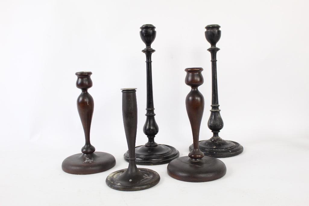 2 pairs of Turned Wood Candlesticks & One Candle Holder (1 of 6)