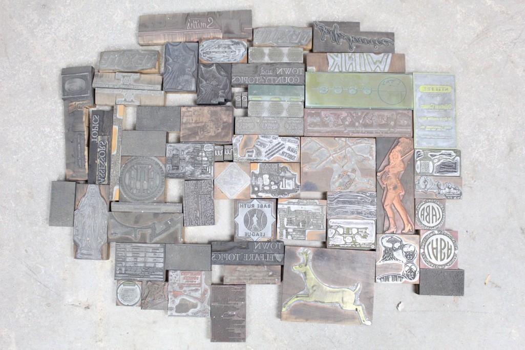 Assorted Lot of Print Blocks with Logos, Ads, etc.: Assorted lot of print blocks with logos, ads, etc. Public Sale picked Johnny's Print Shop which was on Warren St in Hudson, NY for years. This old print shop finally went out of business and we went t