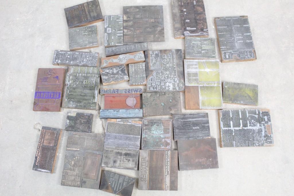 Assorted Lot of Print Blocks with Forms, Ads, Maps, etc: Assorted lot of print blocks with forms, ads, maps, etc. Public Sale picked Johnny's Print Shop which was on Warren St in Hudson, NY for years. This old print shop finally went out of business and we