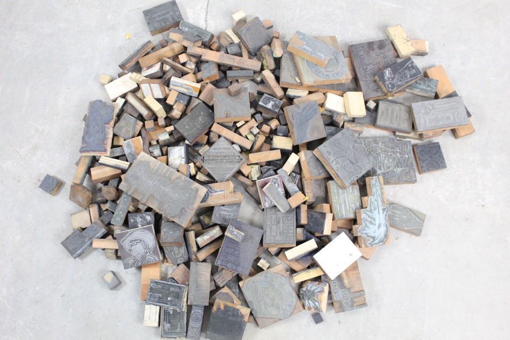 Assorted Lot of Print Blocks with Ads, Cartoons, etc.: Assorted lot of print blocks with ads, cartoons, etc. Public Sale picked Johnny's Print Shop which was on Warren St in Hudson, NY for years. This old print shop finally went out of business and we wen