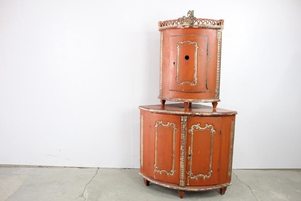 Peach & Silver Painted Curved Corner Cupboard,Folk Art (1 of 10)