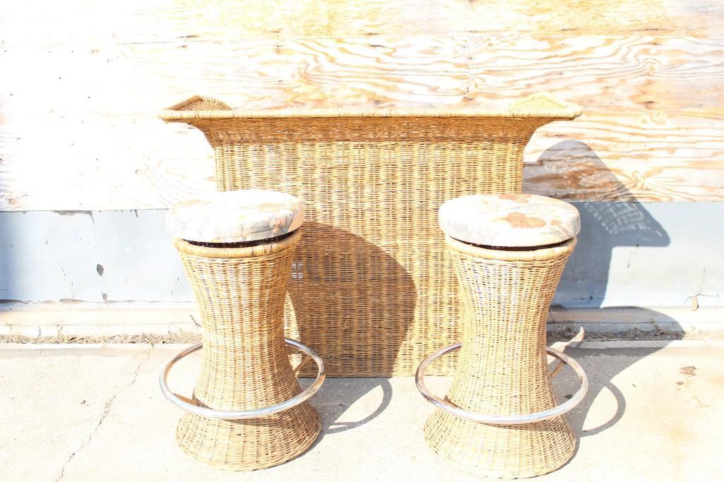 Mid Century Modern Wicker Bar and Pair of Stools (1 of 6)