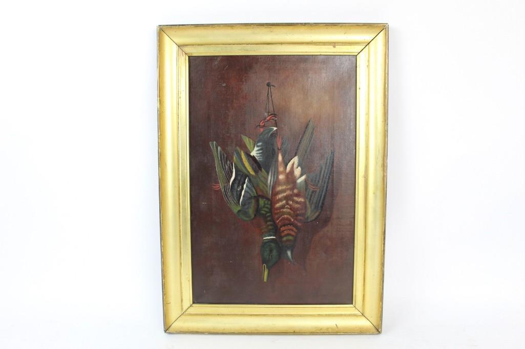 Gilt Framed Hunting Painting of Hanging Duck & Pheasant (1 of 8)