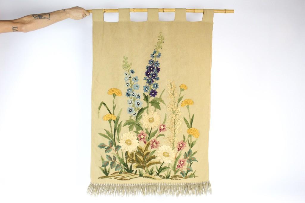 Mid Century Modern Embroidered Flowers Wall Hanging (1 of 7)