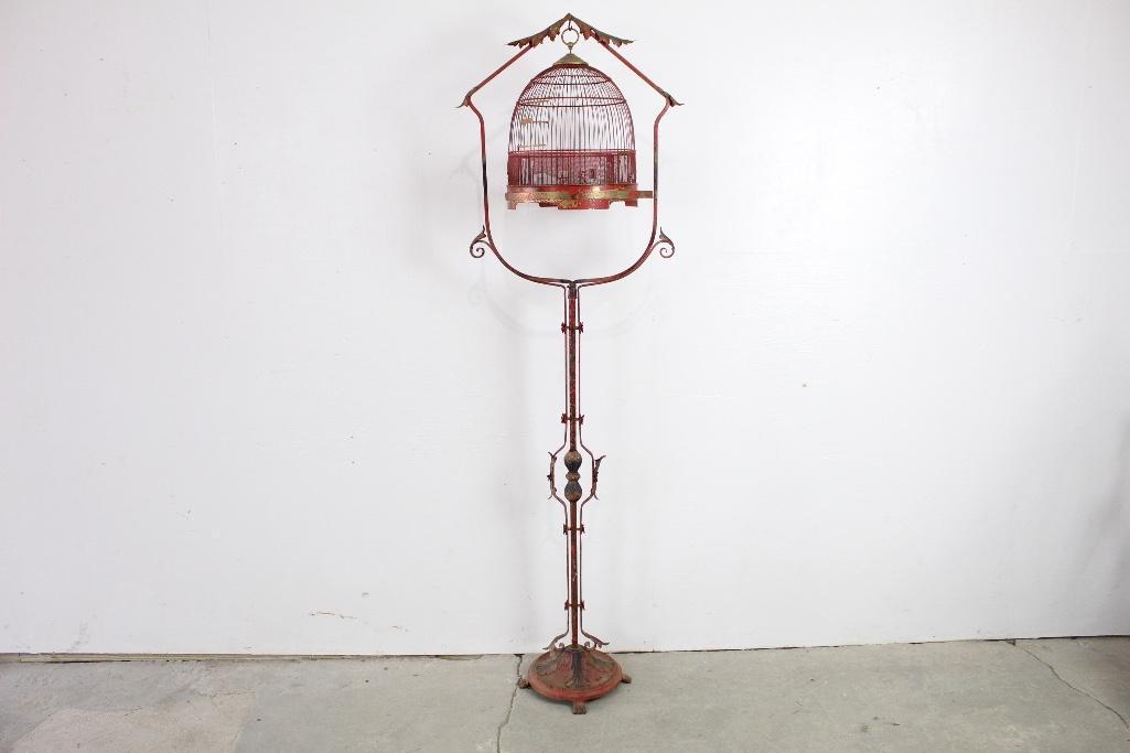 Floor Standing Iron Birdcage with Gold & Red Paint (1 of 5)