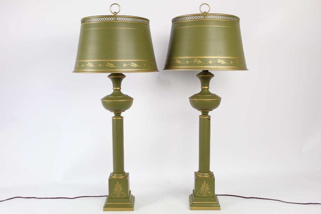 Pair of Olive Green Metal Tole Table Lamps (1 of 6)