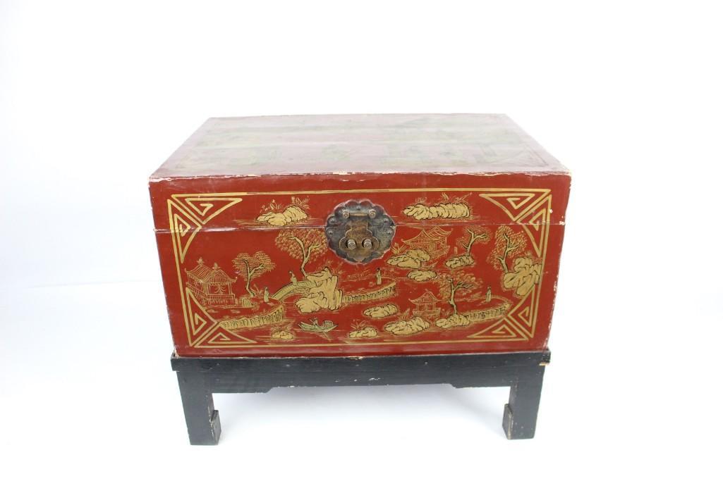 Red Lacquered Asian Trunk on Stand, Japanese (1 of 9)