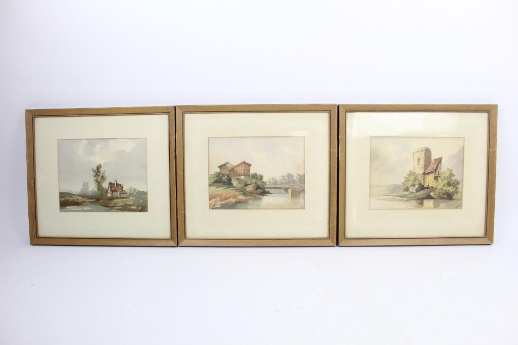 Set of 3 Watercolor Landscape Paintings Signed Geniot (1 of 6)
