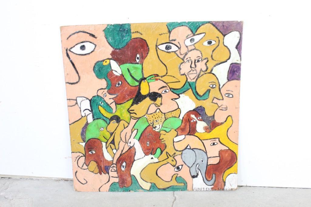 Folk Outsider Art Painting of Animals by Earl Swanigan: A unique painting by noted US outsider artist Earl Swanigan, showing a variety of human and animal figures in a jigsaw puzzle layout that almost looks like a tesselation. Animals depicted include an e
