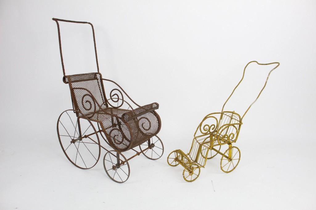 Pair of Miniature Doll-Size Wire Strollers, Folk Art (1 of 10)