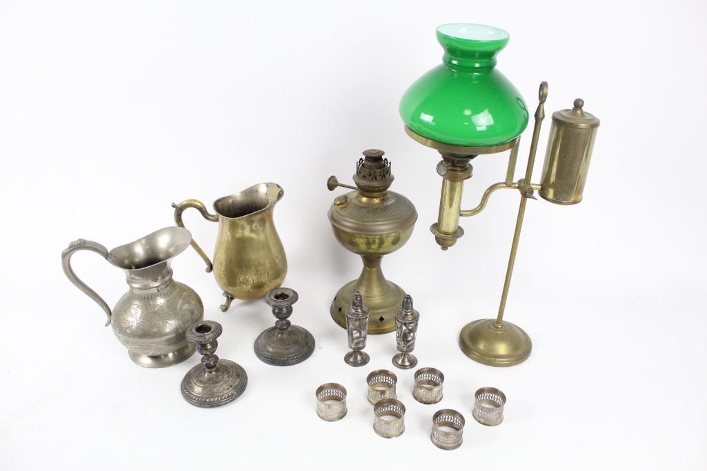 Lot of Silverplate & Brass Lamp,Pitcher,Cased Glass (1 of 10)
