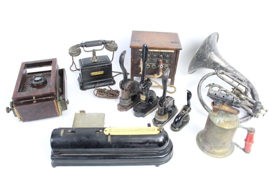 Antique Gadget Lot: Cameras,Phones,Cast Iron Stamp (1 of 8)