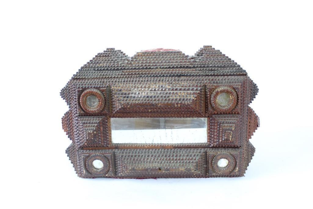 Antique Tramp Art Wood & Mirror Dresser Box,Folk Art (1 of 10)