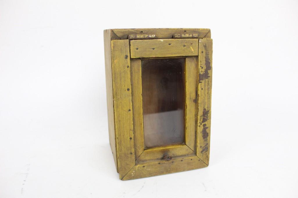 Antique Mustard Yellow Paint Wood & Glass Box,Folk Art (1 of 7)