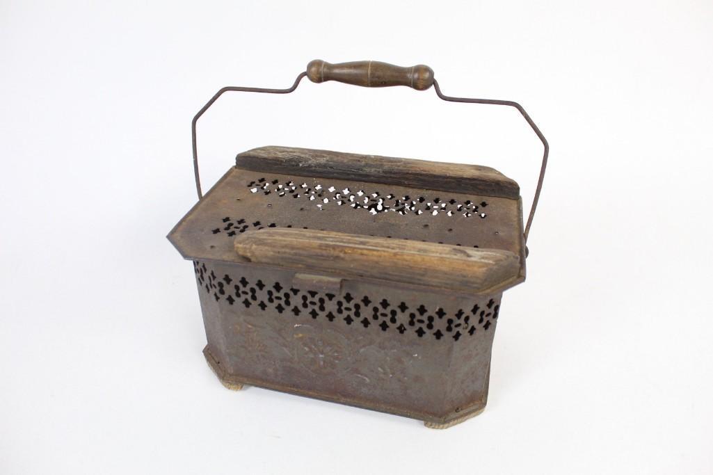 Antique Tin & Wood Foot Warmer Box,Original 19th Cent: Antique tin and wood foot warmer box with wooden handle. This tin box would have been filled with coals or embers and placed near the feet to keep them warm. They were especially popular for lon