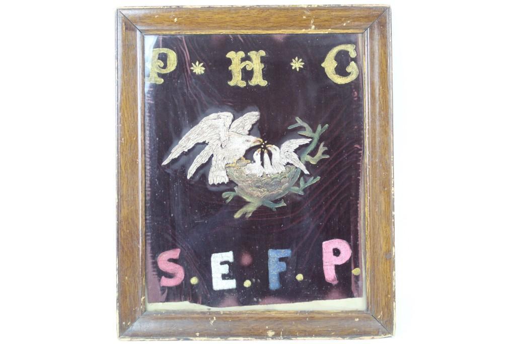 Antique Framed Fraternal Embroidery Eagle & Bird's Nest (1 of 7)