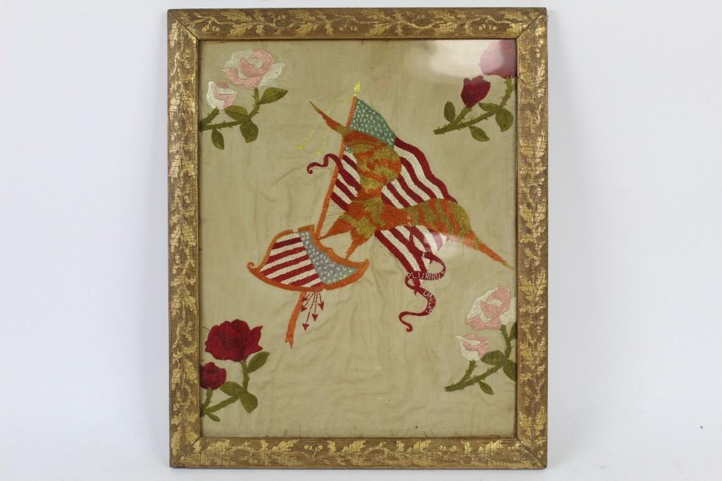 Antique 19th C.Framed Embroidery Patriotic Eagle & Flag (1 of 7)