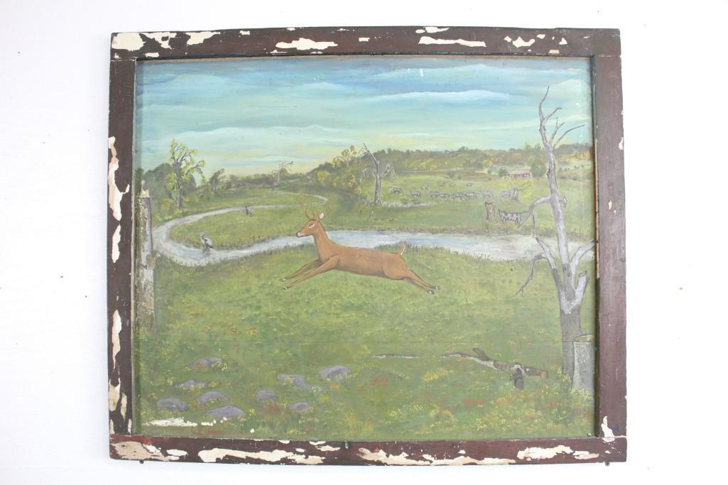 Framed Naive Primitive Folk Art Deer Painting,Hunting (1 of 8)