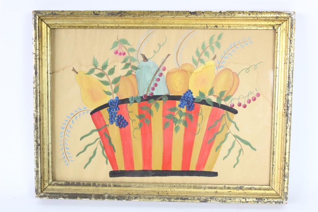 Gilt Framed Theorem Painting Basket of Fruits ,Folk Art (1 of 5)