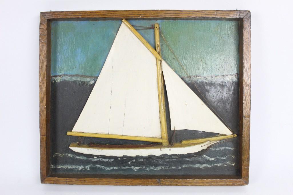 Antique Nautical Wood Painted Sailboat Relief,Folk Art (1 of 8)