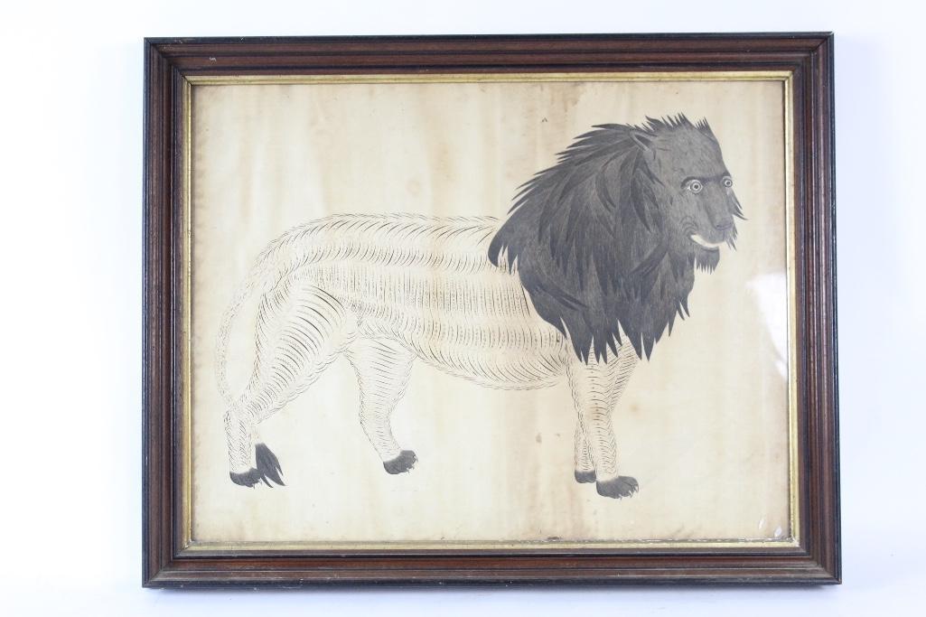 19th C. Folk Art Calligraphy Drawing of Lion,Spencerian (1 of 10)