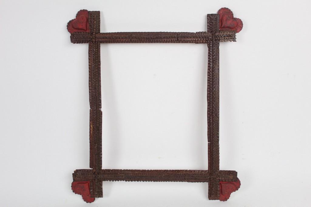 Antique Tramp Art Picture Frame with Hearts, Folk Art (1 of 8)