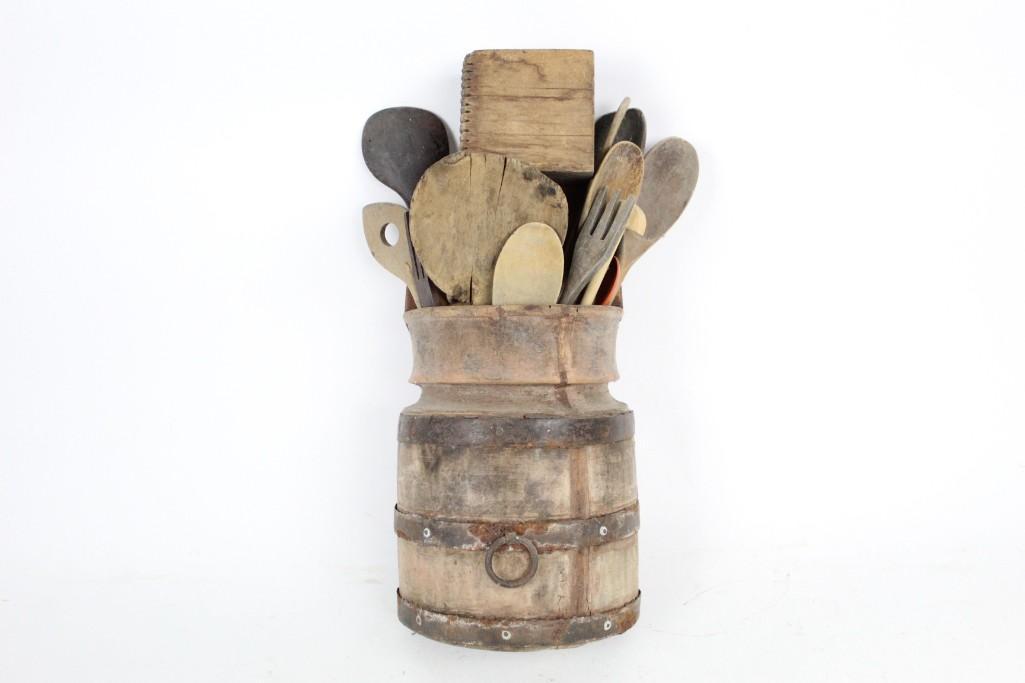 Antique Lot of Wood Cooking Utensils in Hanging Barrel (1 of 8)